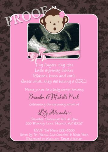 Hot Pink Chocolate Brown Monkey Ultrasound Baby Shower Invitation