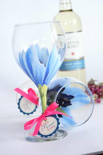 Blue hibiscus wine goblets Custom Painted Glassware
