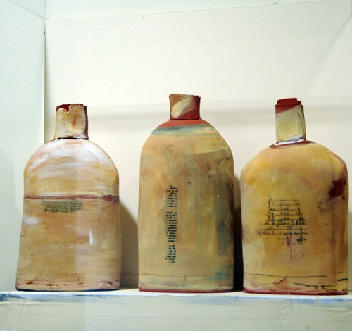 Contemporary art, three labeled ceramic bottles, 3rd floor, Building 110, Microsoft Art Collection, Redmond, Washington, USA by Wonderlane