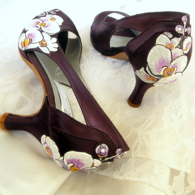 ORCHID Wedding Shoes painted Orchids victorian aubergine peep toe platforms