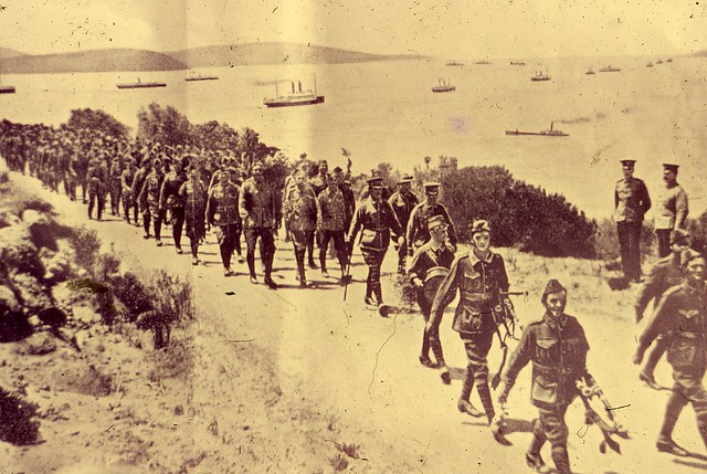 Soldiers marching along Marine