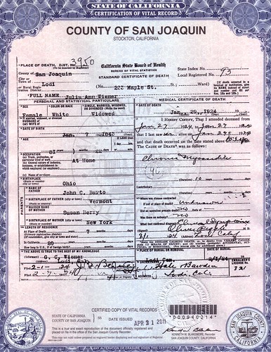 1924 - Julia Ann Wisner Death Certificate