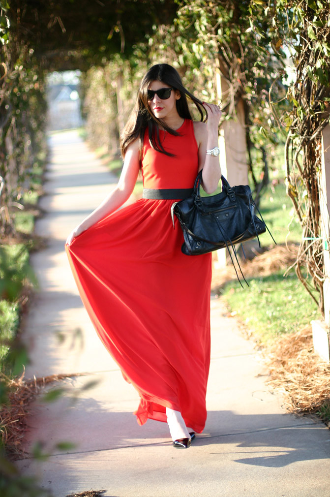 Armani Exchange Red Maxi Dress, Balenciaga Classic City Bag, Stella McCartney patent slingback heels, Fashion