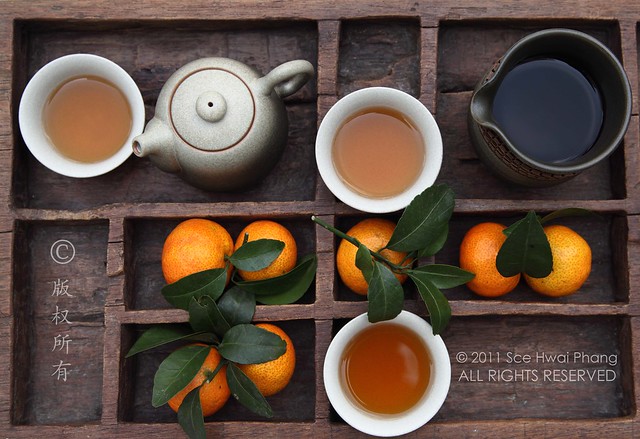 Chinese tea set with tangerines set in a century old hand carved wooden tray - Creative Still Life Photography