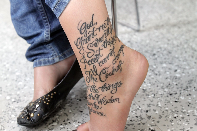 Theresa Michalowski's tattoo of the Serenity Prayer at WBUR in October