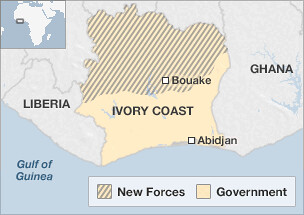 A map of the Ivory Coast that illustrates the military forces loyal to both the incumbent Gbagbo and Ouattara who is supported by the UN and the West. ECOWAS had threatening to enter the country. by Pan-African News Wire File Photos