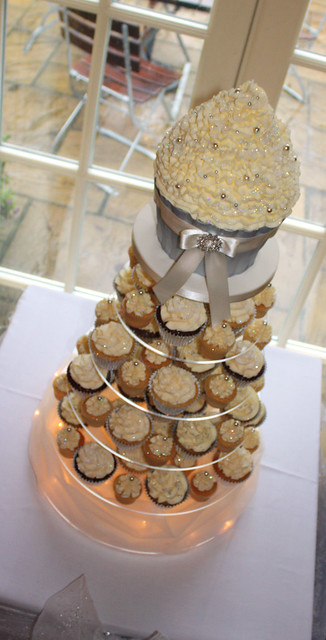 Ivory Silver Sparkle Wedding Cupcake Tower