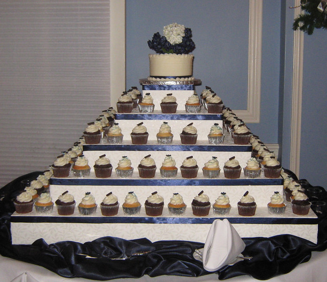 An elegant navy blue and white cupcake wedding