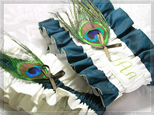 Monogrammed Peacock Bridal wedding garter set with lovely peacock Feathers
