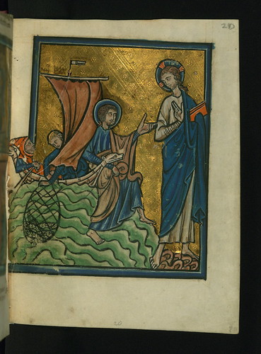 Illuminated Manuscript, Bible Pictures by William de Brailes, Christ Appears at Lake Tiberias, Walters Art Museum Ms. W.106, fol. 20r