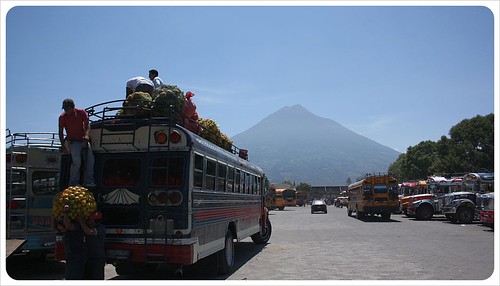 Bus station & volcano in Antigua Guatemala