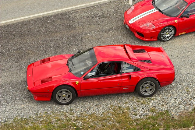Ferrari 308 and 360 stradale Ferraris at San Bernardino Pass in Switzerland