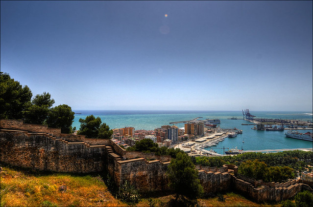 View from Castillo de Gibralfaro about the harbor of Malaga