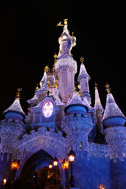 Sleeping Beauty Castle lit up for Christmas