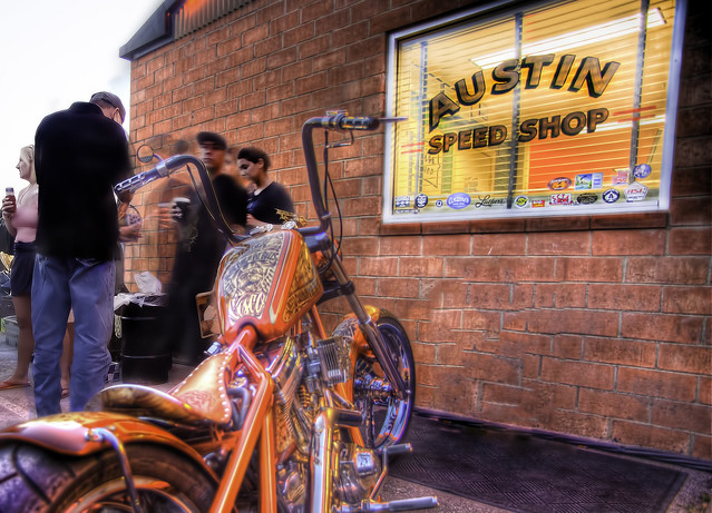 This was Jesse James bike parked outside the office of the Austin Speed Shop
