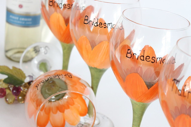 Orange gerbera daisy bridal party glasses Custom Painted Glassware