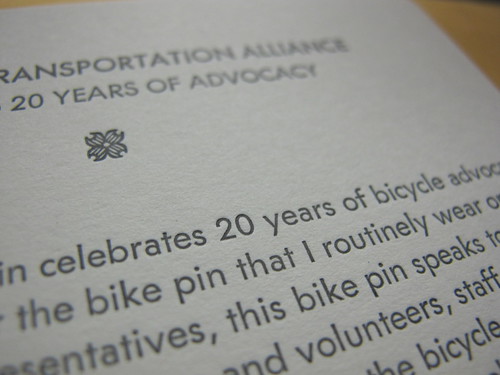 Bicycle Transportation Alliance pin packaging by Stumptown Printers