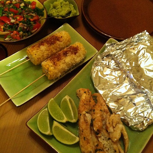 Fish tacos with cheesy chargrilled corn. Good stuff!
