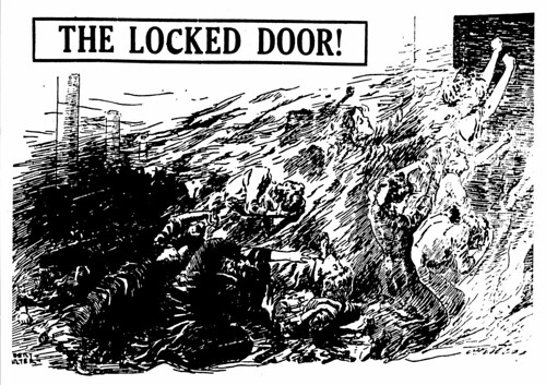 Drawing "The Locked Door!" refers to the Triangle fire and depicts young women throwing themselves against a locked door in an attempt to escape the flames.