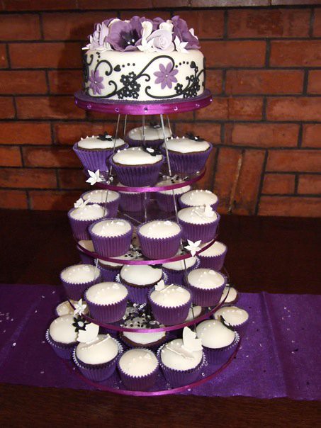 Blackpurple and ivory cupcake and wedding cake tower