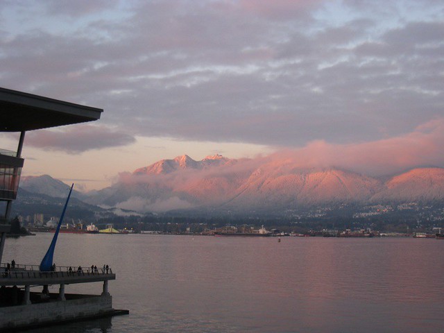 Convention Centre West & snowy mountains (sunset)