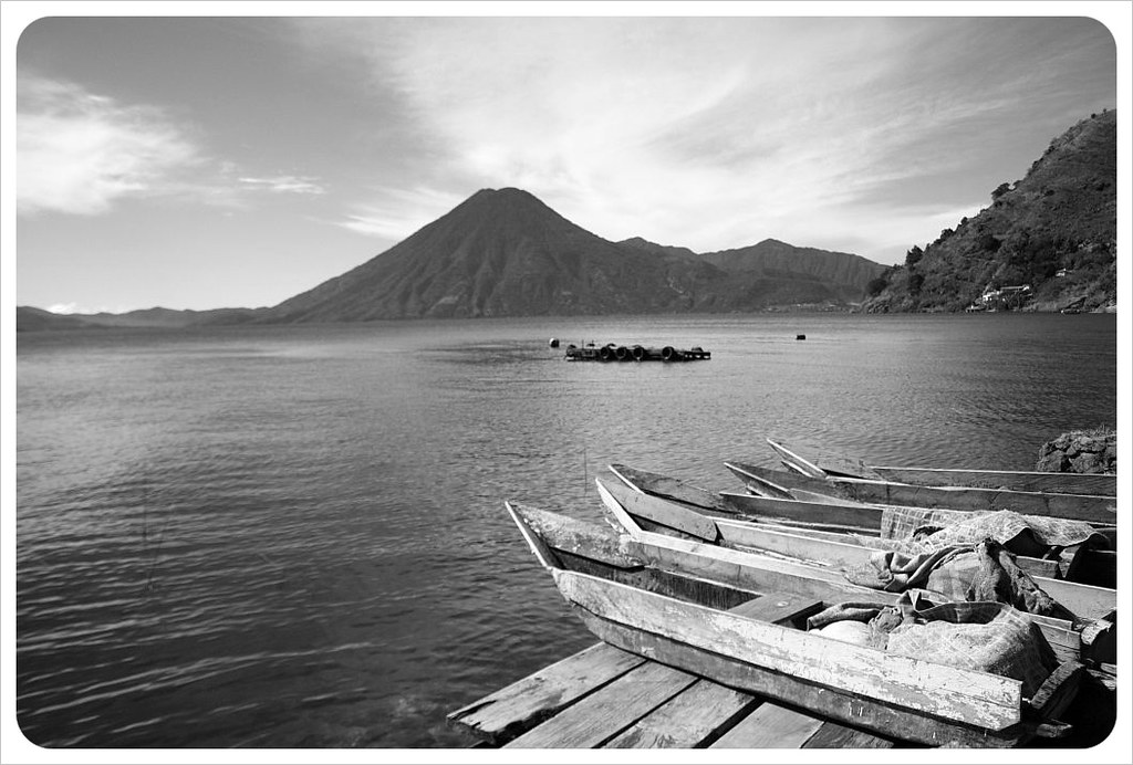 Jaibalito boats and volcano san pedro bw