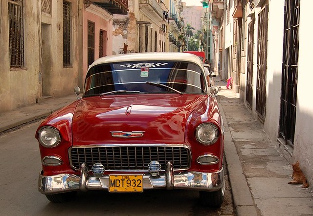 Habana old American 50's car walking thru the streets of Havana is a look