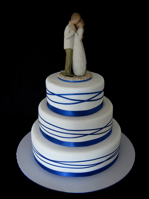 Royal Blue Wrapped Ribbon Wedding Cake with Willow Tree Promise Cake 