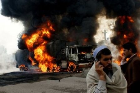 NATO supply lines attacked in Pakistan. The bombing of NATO trucks carrying fuel and equipment to the occupation forces inside the country and in Afghanistan has become more common as the war escalates under the Obama administration. by Pan-African News Wire File Photos