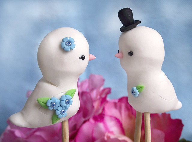 Love birds wedding cake toppers Blue and pink personalized details