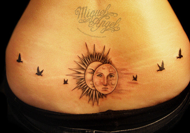 Sun and moon with birds flying away custom design tattoo Miguel Angel