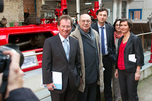 Didier Marie, Michel Bérégovoy, Ludovic Delesque et Valérie Fourneyron en visite au moulin Saint-Gilles