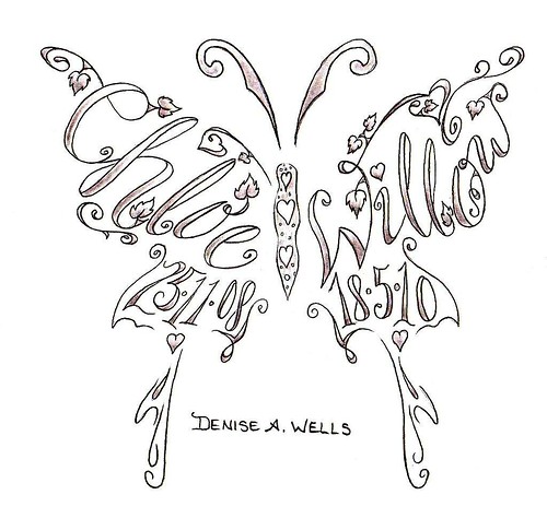 Names made into a butterfly shape tattoo by Denise A Wells