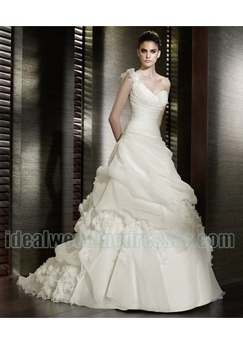 Organza One Shoulder Strap Sweeetheart Neckline Ruffled Flower Decoration Elegant New Luxurious 2011 Wedding Gown WD-0554