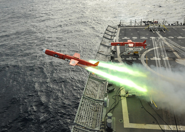 USS Thach launches aerial drone for firing exercise.