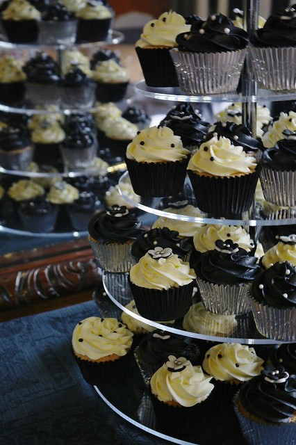 Black and white cupcake tower for a wedding at Bramall Hall Stockport