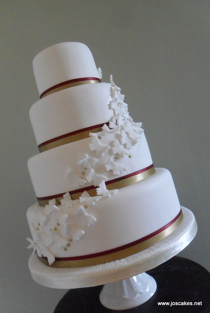 W039 Claret and Gold Butterflies 4 Tier Wedding Cake
