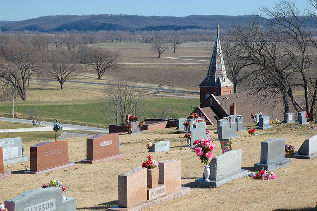 Church of the Risen Savior (Saint Joseph), in Rhineland, Missouri, USA - view of Missouri River flood plain from cemetery