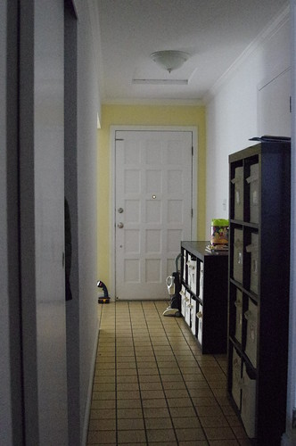 Hallway facing front door, standing with the kitcen behind me. Closet on the left.