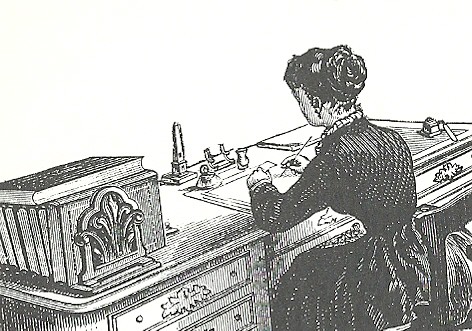 Woman at desk. Clip Art / Copy Free Art from the 1800's. Used to illustrate a 2012 book review of Shirley by Charlotte Bronte.