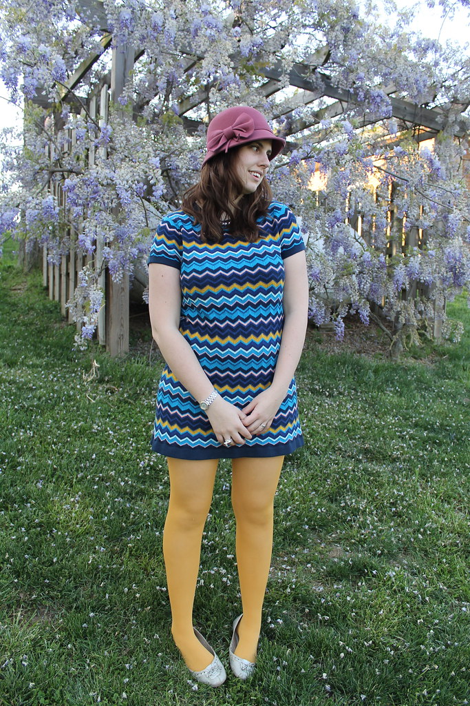 Easter outfit: SIlver flats, mustard tights, Missoni for Target chevron dress, dusty rose felt cloche
