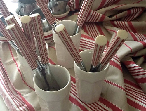 Red and white handled silverware from Pottery Barn