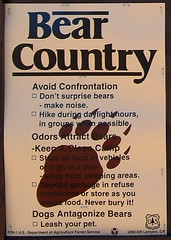 Bear warning sign seen at a trailhead board at Caney Tower on Glade Top Trail in Ozark County, Missouri.