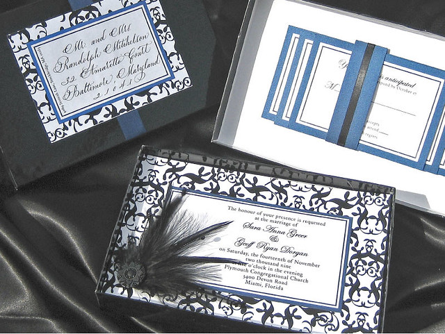 Black and Sapphire Blue Feather Wedding Invitation