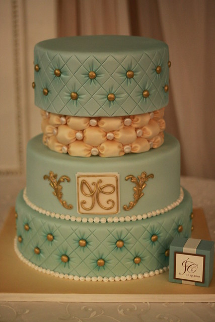 Teal and Ivory Wedding cake The 3rd tier is a dummy cake used as a divider