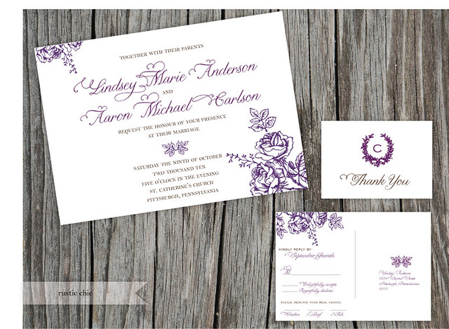 Rustic Chic Floral Wedding Invitation Featuring woodcut flowers against a