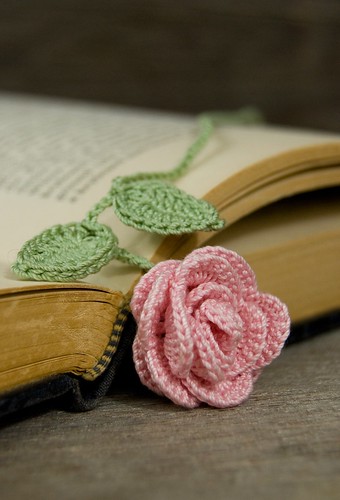 Crocheted Pink Rose Bookmark