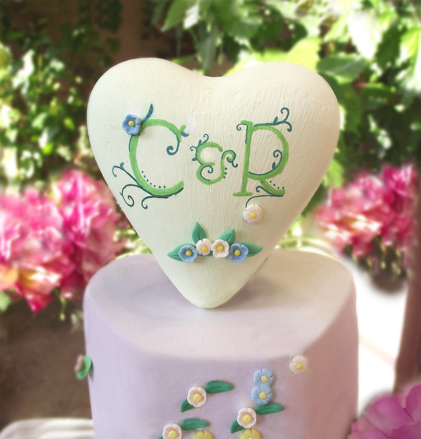 Floral bluewhite Heart wedding cake topper Personalized with initials