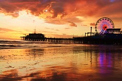 Santa Monica Beach And The Pier At Night And Sunset