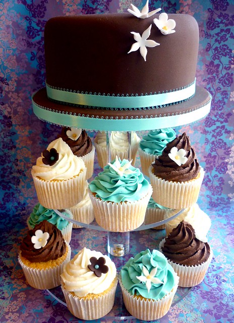 Brown and blue cupcake tower